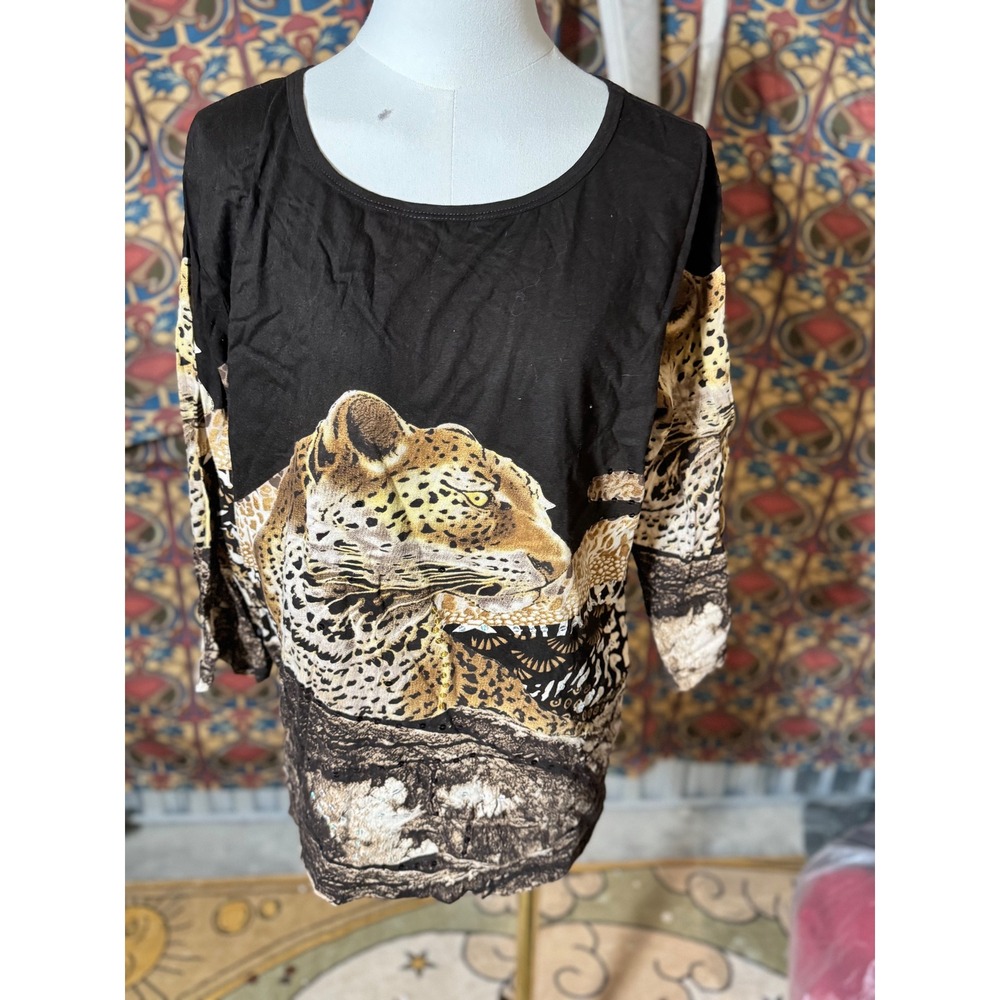 Collections Etc‎ Black Leopard Print 3/4 Sleeve Top Women's XL